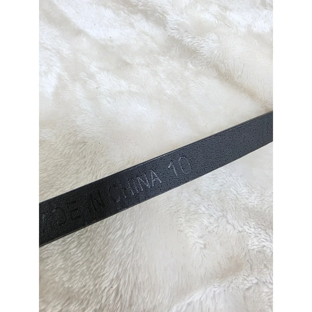 Womens Black Faux Leather Skinny Belt‎ Gold Buckle Adjustable Size 10